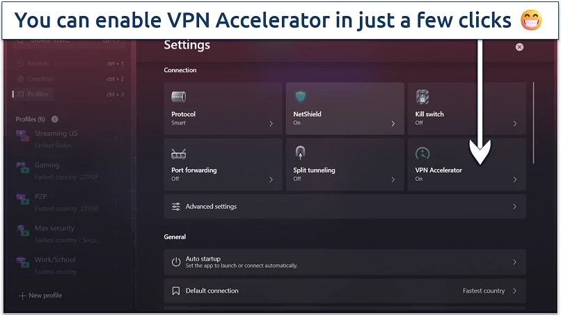 Screenshot of Proton VPN settings page showing the VPN Accelerator toggle enabled