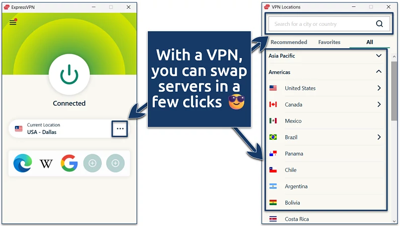 Screenshots of the ExpressVPN Windows app displaying the server selection screen and connected interface