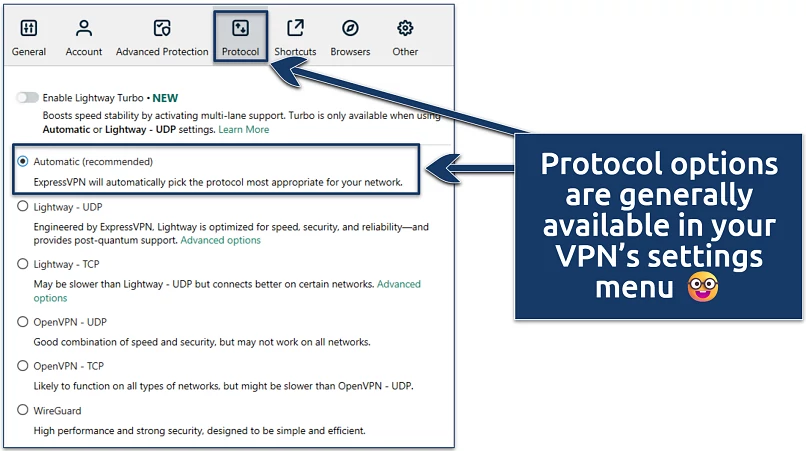 Screenshot showing how to switch protocols in ExpressVPN’s Windows app