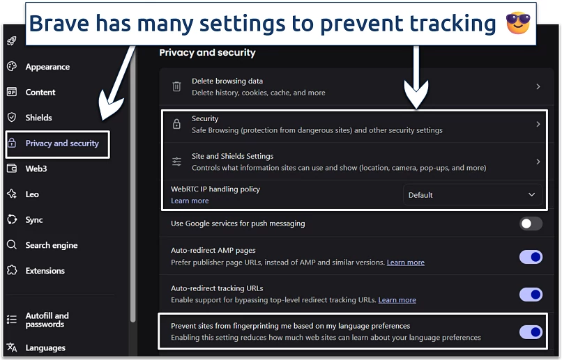 Screenshot of the Brave browser’s Privacy and Security settings