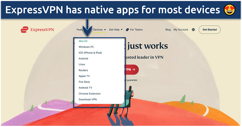 A screenshot of ExpressVPN's website with a device drop-down