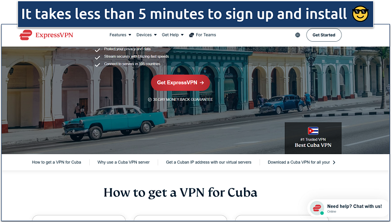 Screenshot of the landing page for ExpressVPN’s Cuba-focused service