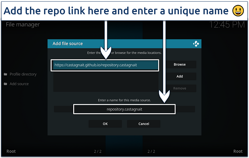 Screenshot of the Kodi File manager 