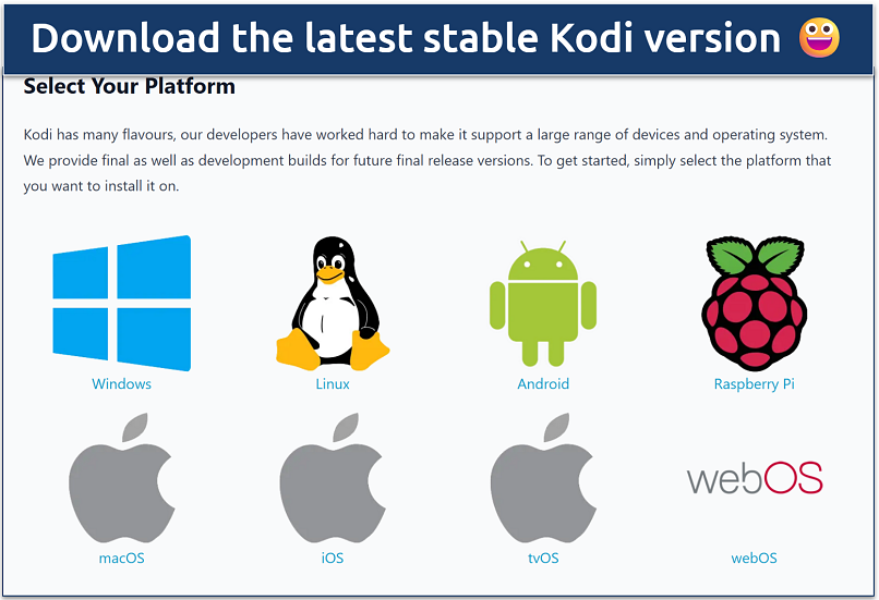 Screenshot of the Kodi download page with all its available platform apps