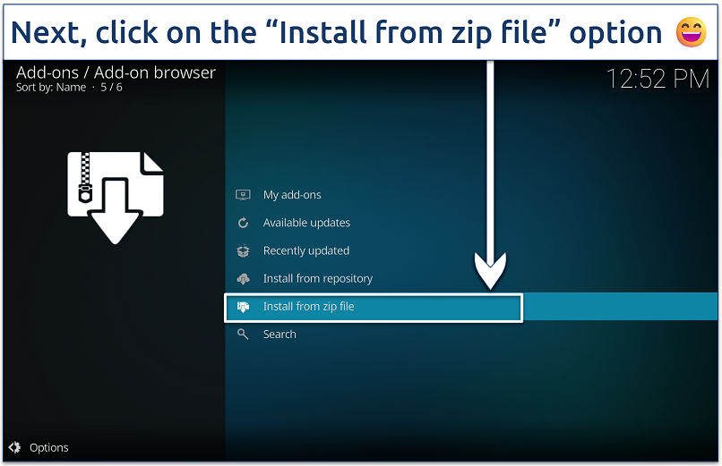 Screenshot of the Kodi Add-ons browser menu with the 