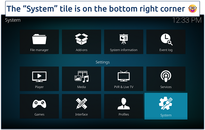 Screenshot of the Kodi System menu with the 