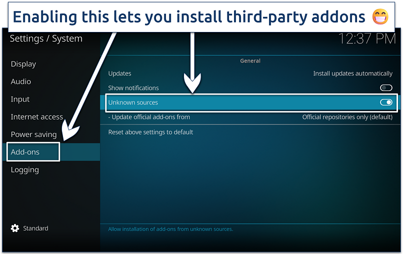 Screenshot of the Kodi System menu with the Add-ons menu open and 