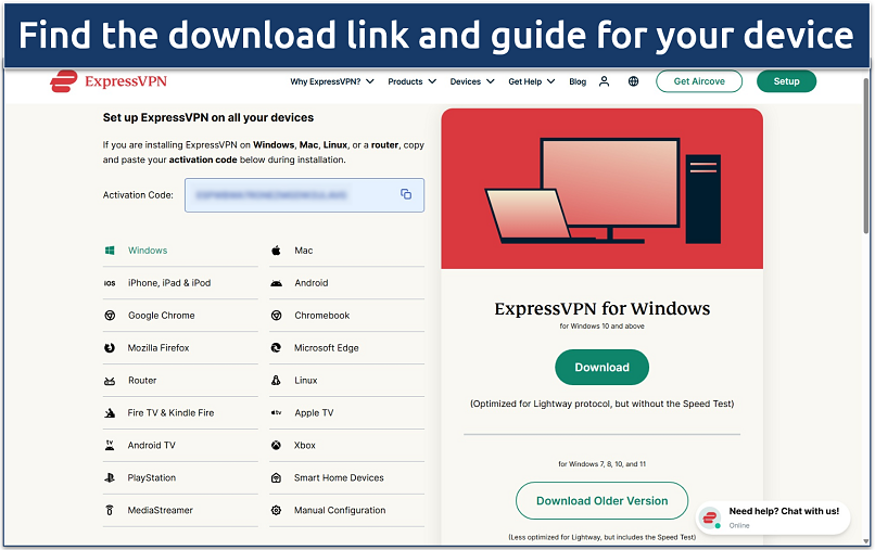 Screenshots of the ExpressVPN website account dashboard download page