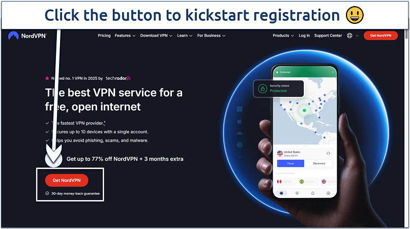 Screenshot of the ExpressVPN website home page with the 