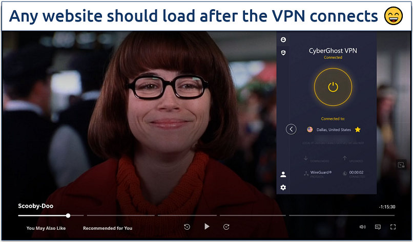 Screenshot of Scooby Doo streaming on the HBO Max player while connected to CyberGhost's Dallas server