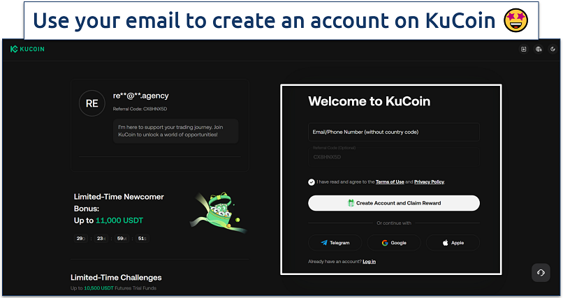 Screenshot of KuCoin's account creation page