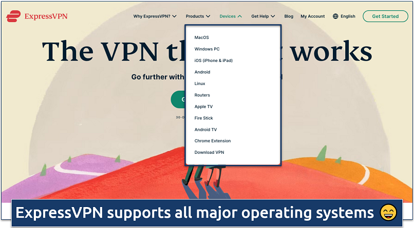 Screenshot of the compatible device list on the ExpressVPN landing page