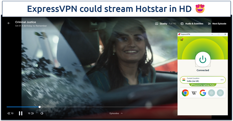 Screenshot of Criminal Justice streaming on the Hotstar player while connected to ExpressVPN's India server