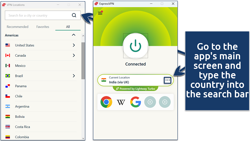 Screenshots of the ExpressVPN app for Windows connected to the India (via UK) server, with the server location menu open