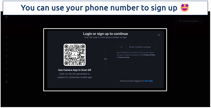 Screenshot of the Hotstar sign up page
