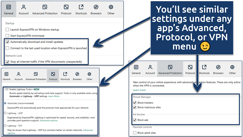 A screenshot of ExpressVPN's Windows app with its General and Protocol settings