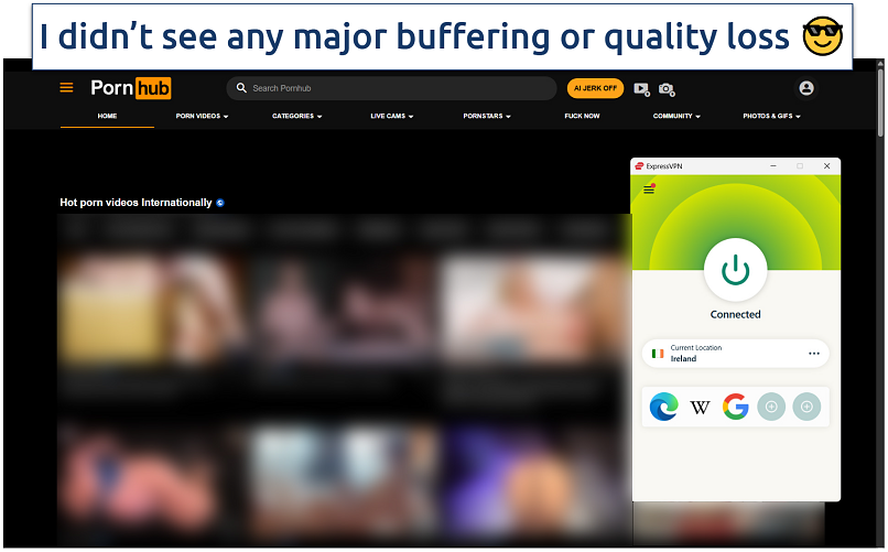 A screenshot of the Pornhub homepage while connected to ExpressVPN's Ireland server