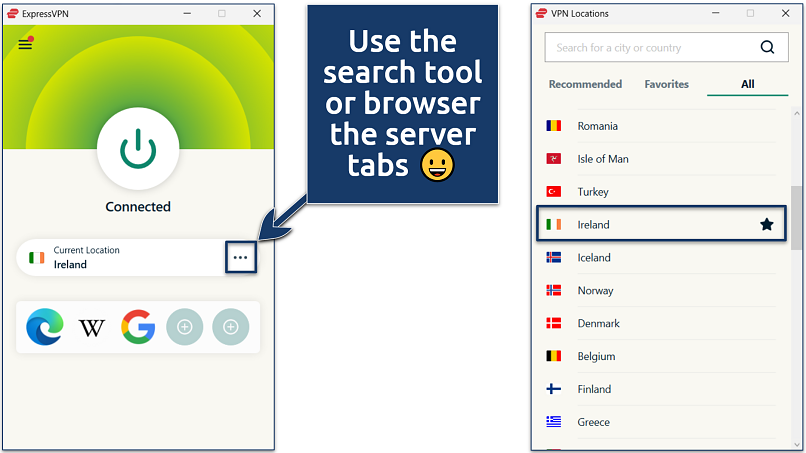 A screenshot of ExpressVPN's Windows app with its server locations