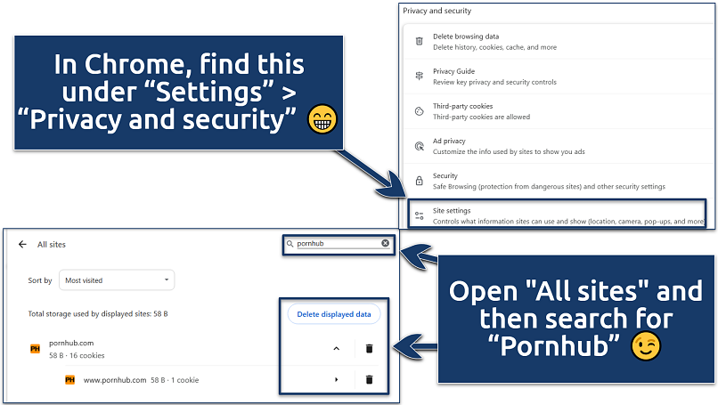 Screenshots showing how to clear cache and cookies for a specific website in Chrome