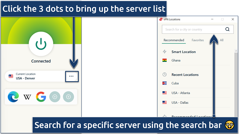 Screenshots of the ExpressVPN Windows app with a Denver connection and its list of US servers