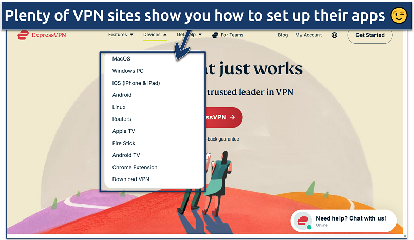 Screenshot of the ExpressVPN website homepage with its download menu expanded