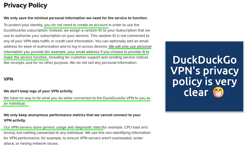 Image showing privacy policy of DuckDuckGo's VPN