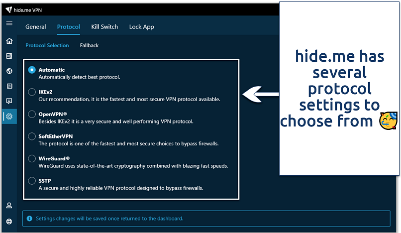 A screenshot showing Hide.me protocol selection on the free app