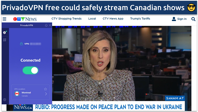 A screenshot showing CTV News live streaming with PrivadoVPN connected