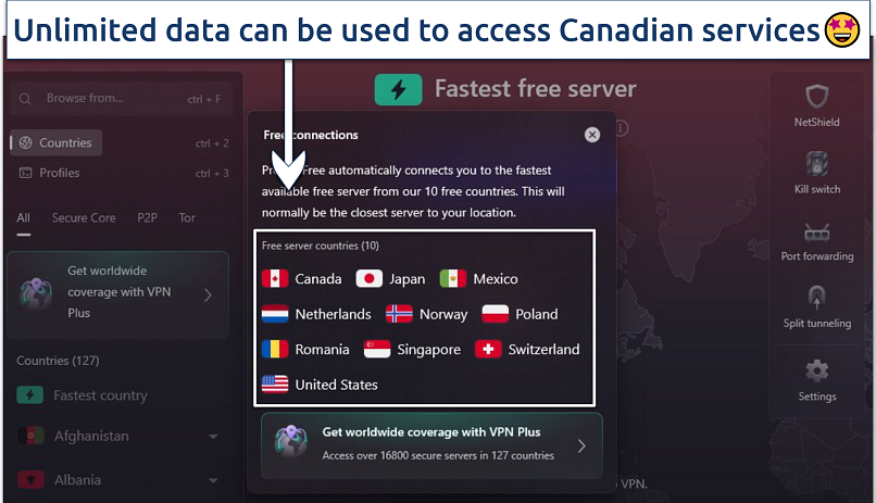 A screenshot showing Proton VPN free server locations, including Canada