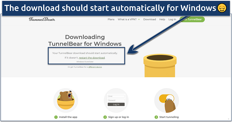 Screenshot showing how to download TunnelBear for Windows