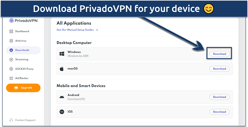 Screenshot of the free VPN download page of PrivadoVPN