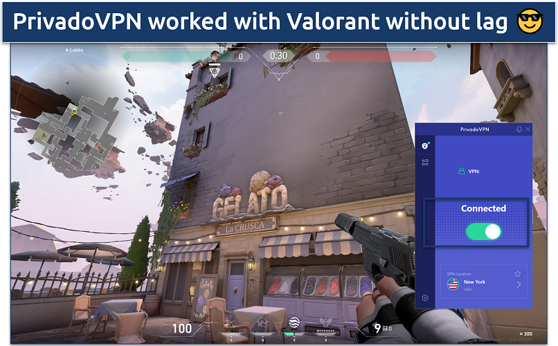 Screenshot of playing Valorant while connected to an PrivadoVPN NY server