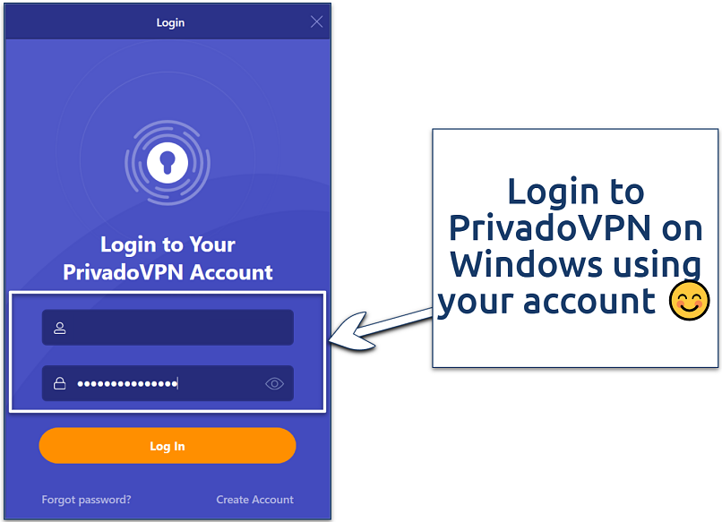 Screenshot of logging into PrivadoVPN Windows app