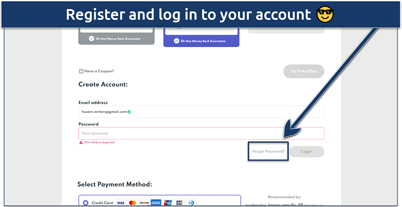 Screenshot of the create account page of PrivadoVPN
