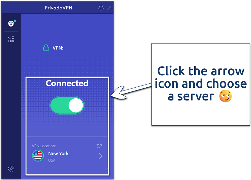 Screenshot of the PrivadoVPN app for Windows connected to the USA New York server