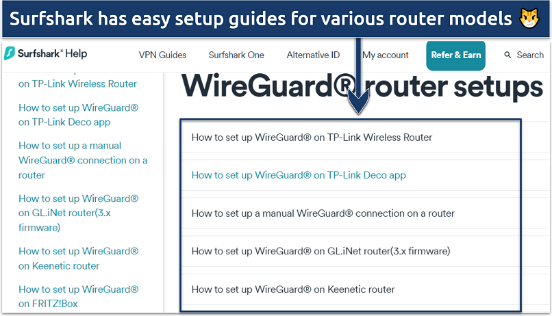 A screenshot of Surfshark page with router WireGuard setup guides