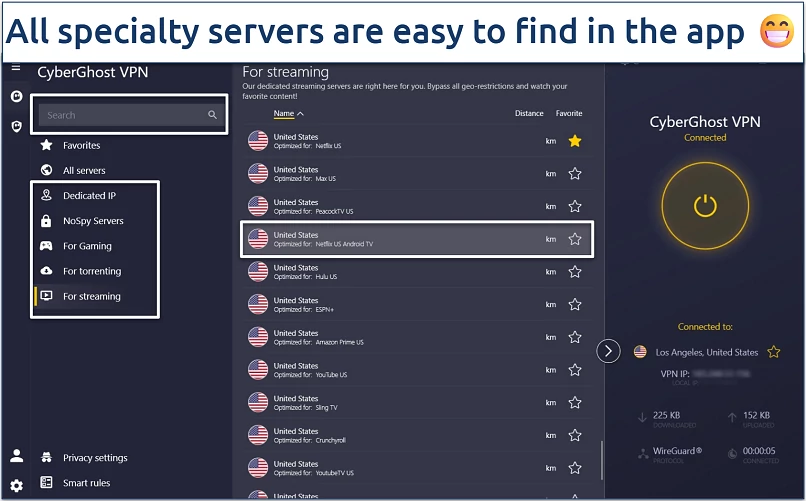 Screenshot of CyberGhost's Windows app with its specialty server categories highlighted