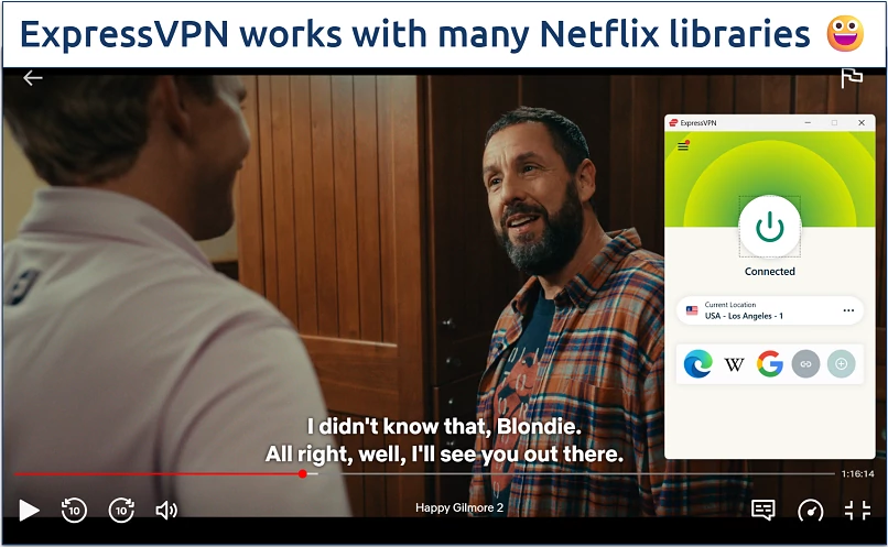 Screenshot of streaming Happy Gilmore 2 on Netflix while connected to ExpressVPN's USA - Los Angeles - 1 server