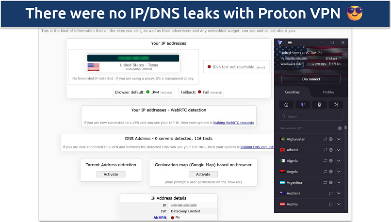 A screenshot showing Proton VPN passed DNS, IP leak, and WebRTC tests