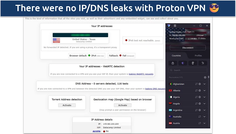 A screenshot showing Proton VPN passed DNS, IP leak, and WebRTC tests
