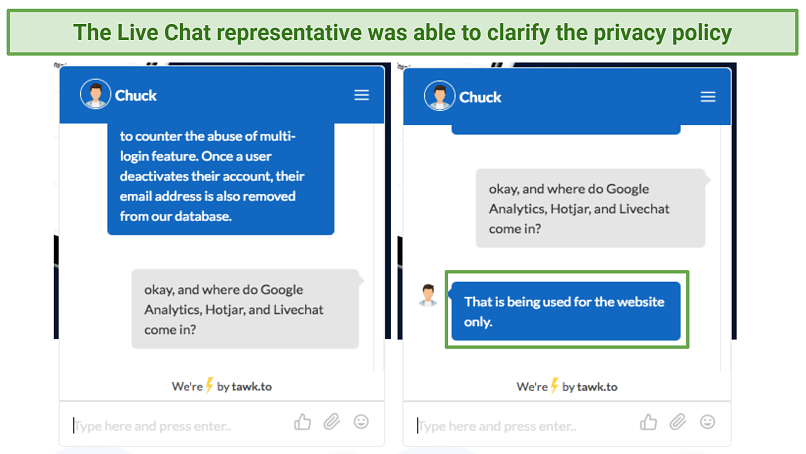 A screenshot of FastestVPN's live chat support answering a query about how the VPN uses Google Analytics, Hotjar, and Livechat