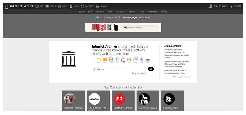 Screenshot showing torrent site Internet Archive homepage