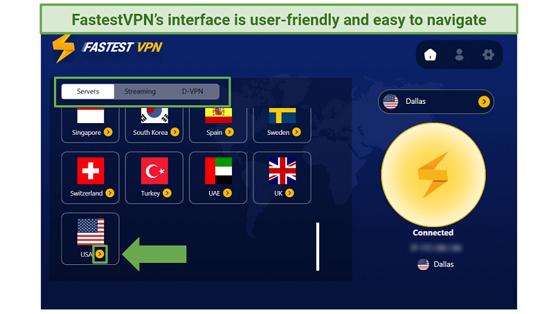 Screenshot of FastestVPN Windows app highlighting the server network