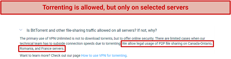 Graphic showing VPN Unlimited's torrent policy
